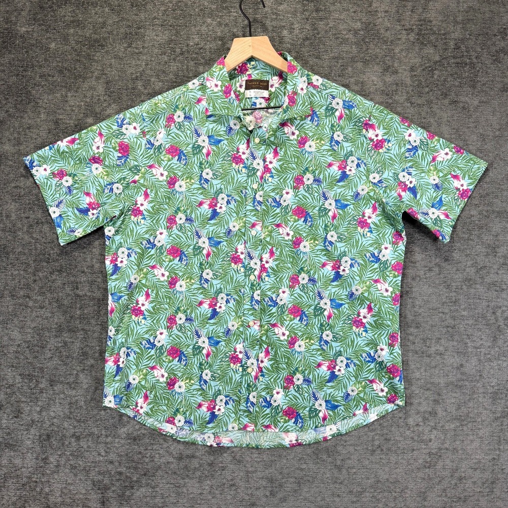 Thomas Dean Button Up Shirt Mens‎ XL Green Tropical Floral Resort